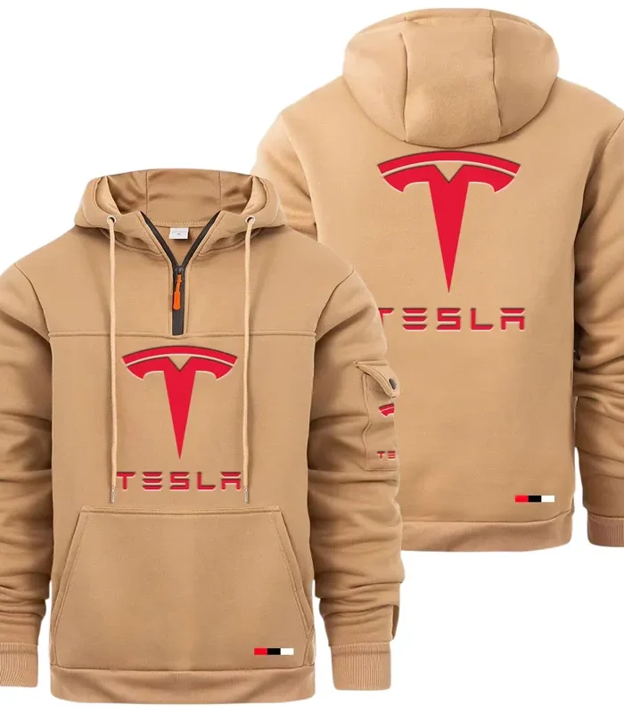Tesla Hoodie, Quarter-Zip Hoodie for Drivers -Kaki