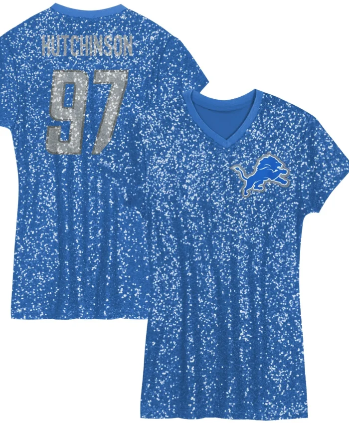 Aidan Hutchinson Detroit Lions Girls Youth Sequin Player Name & Number V-Neck Dress - Blue