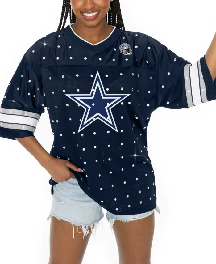 Dallas Cowboys Gameday Couture Women's Kickoff Time Allover Rhinestone Sports Stripe Jersey V-Neck T-Shirt - Navy
